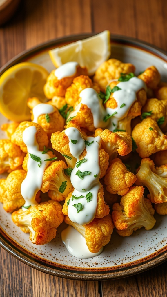 Roasted cauliflower with yogurt sauce and herbs on a rustic plate with lemon wedges.